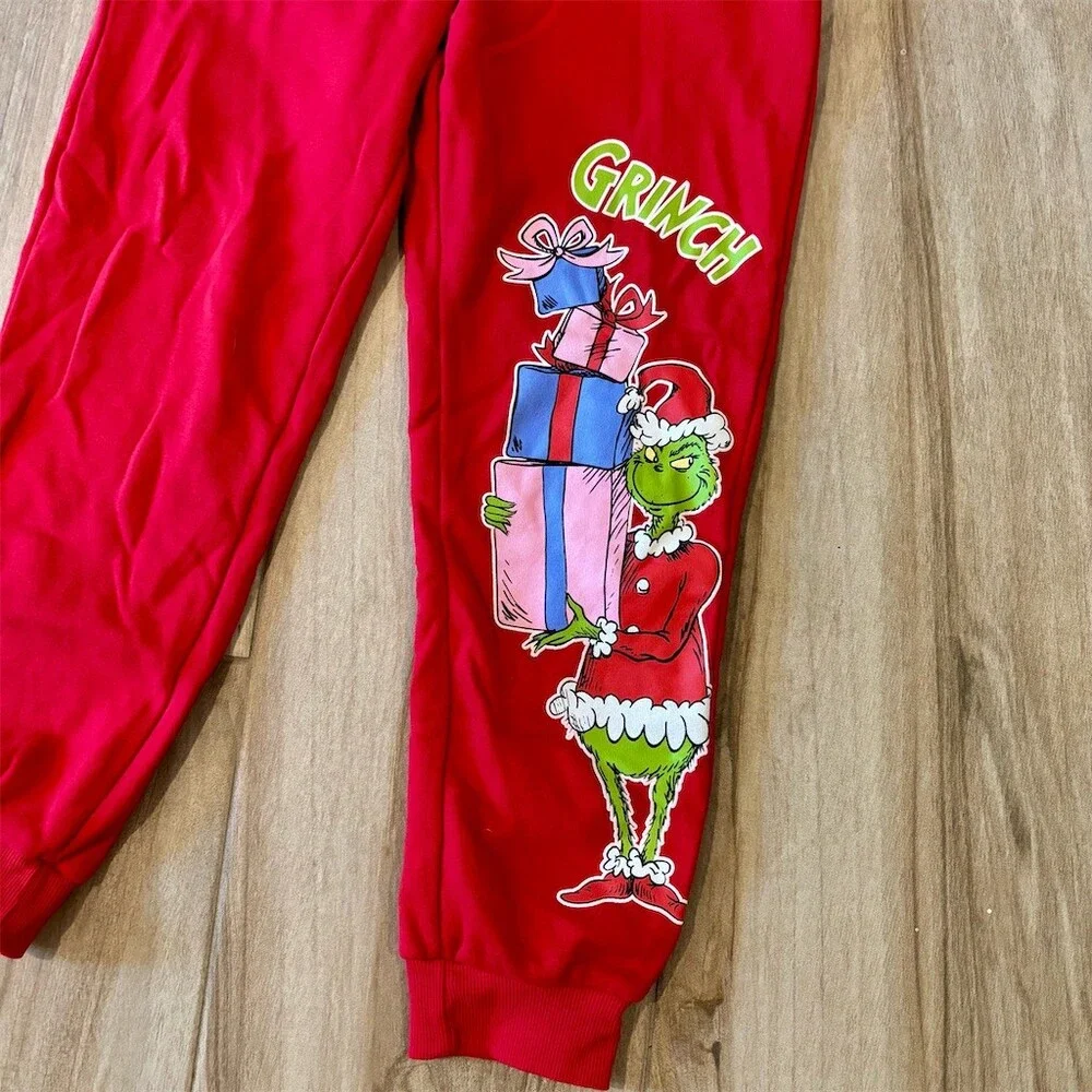 Dr. Seuss Grinch Jogger Sweatpants Womens Size L Red Graphic Fleece